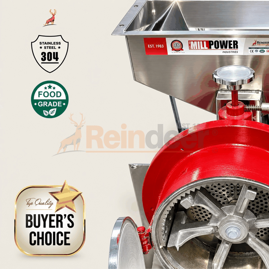 giá máy nghiền bột atta chakki 100 kg mỗi giờ - cận cảnh phễu inox - reindeer machinery