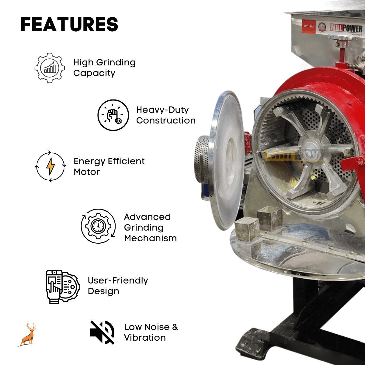 máy xay bột atta 100 kg mỗi giờ - tính năng - reindeer machinery