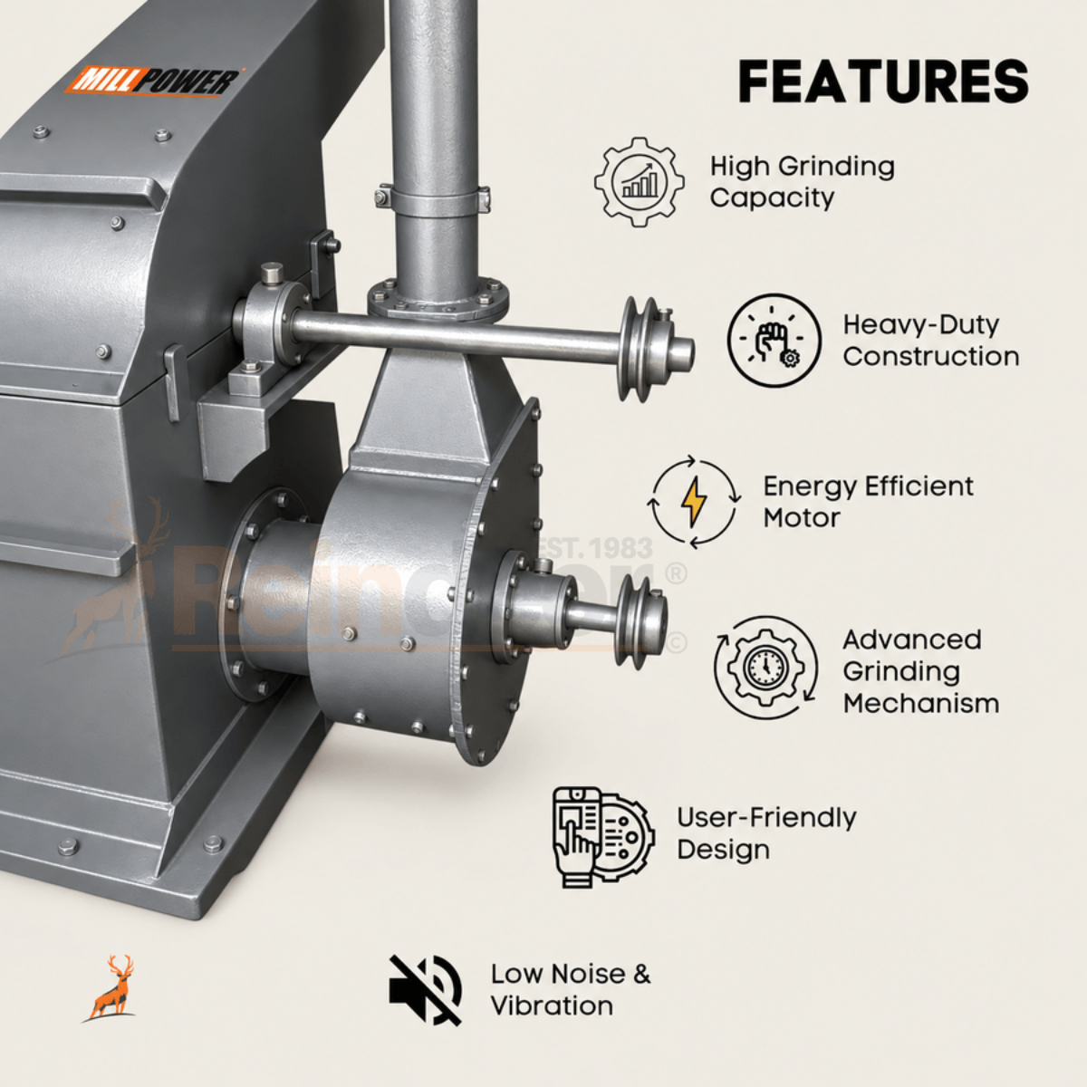 máy nghiền masala 25 hp - cận cảnh quạt gió và puly - reindeer machinery