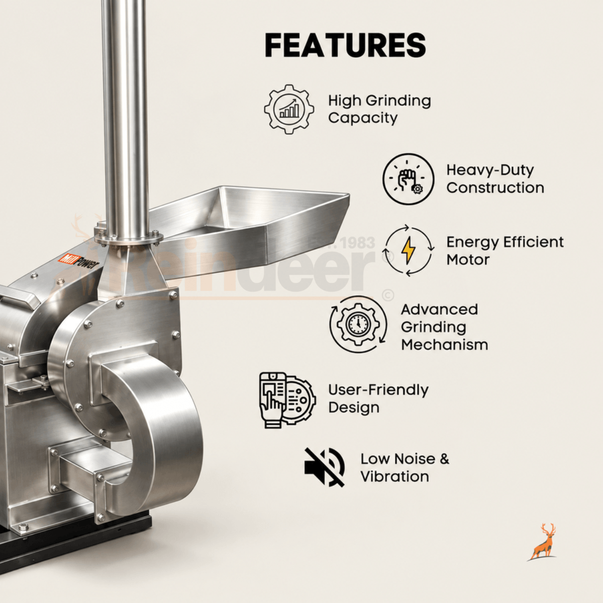 7.5 HP Masala Grinder Machine -  features - reindeer machinery 