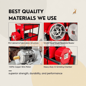 máy nghiền bột atta thương mại - cận cảnh bộ cấp liệu buồng nghiền và động cơ - reindeer machinery