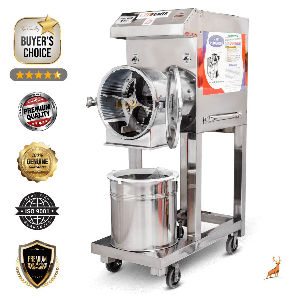 Máy nghiền bột 3 hp – góc nhìn mặt trước buồng đôi – Reindeer Machinery