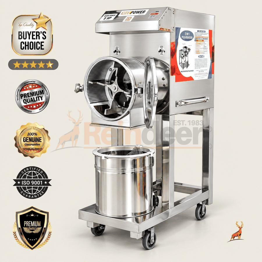 Máy nghiền bột 3 hp – góc nhìn mặt trước buồng đôi – Reindeer Machinery